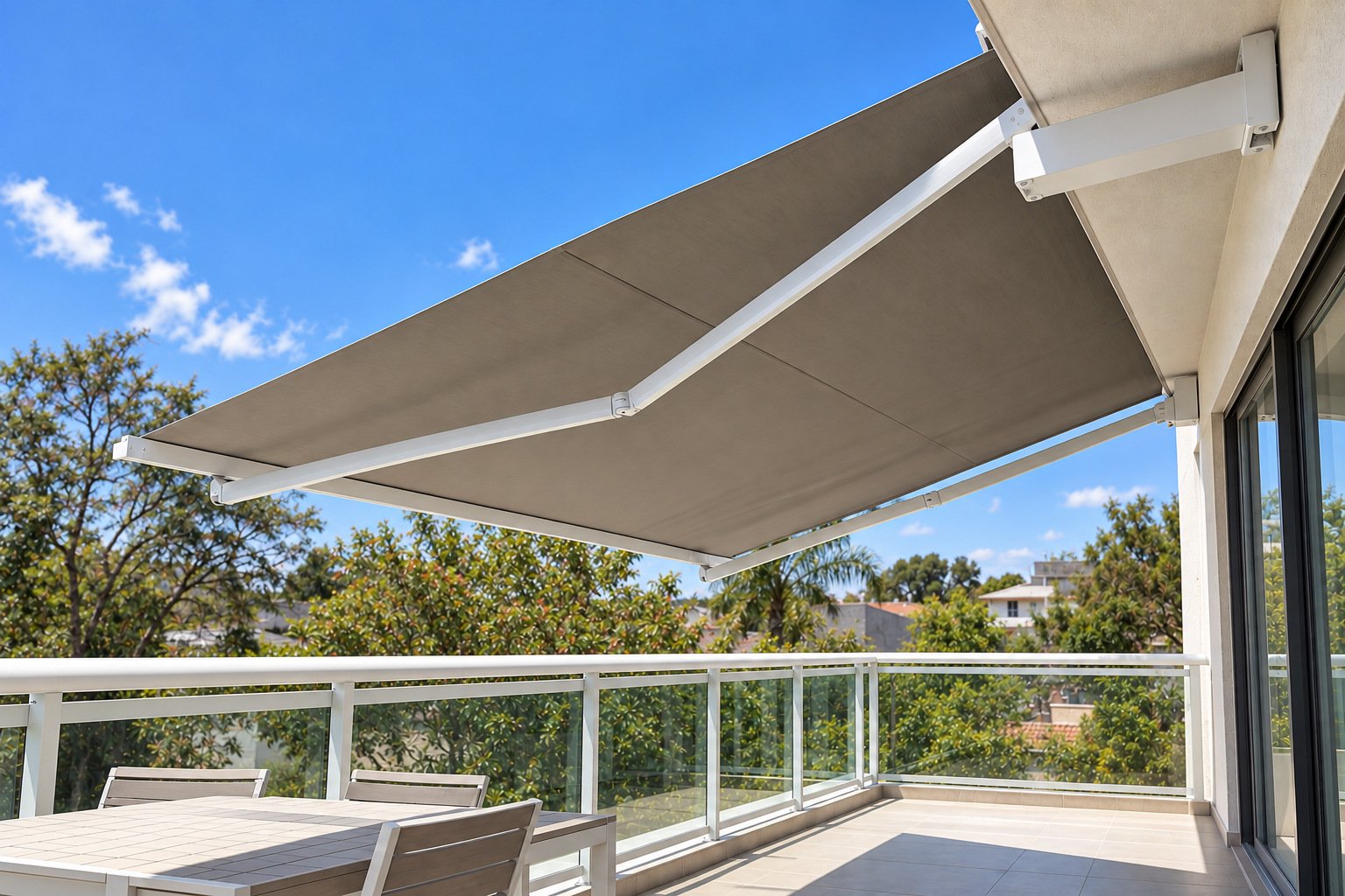 Toldo retrátil com braços brancos e cobertura cinza, em imagem produzida a partir da referência fornecida